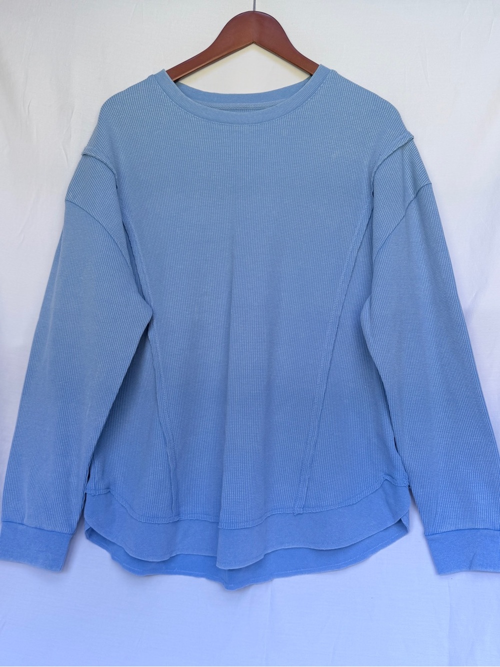Women's Light Blue Waffle-Knit Long Sleeve Pullover